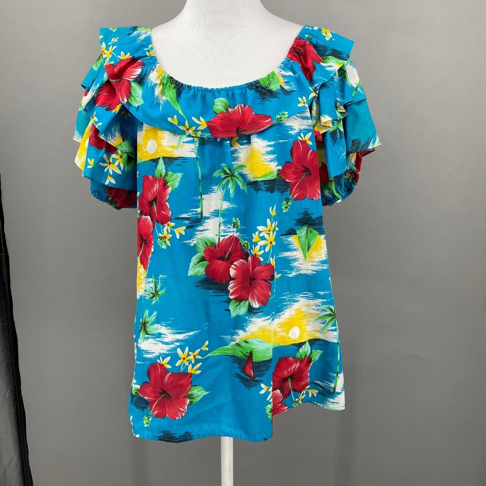 True Vtg Hawaiian Aloha Top Hibiscus Tropical Floral Ruffle Off Shoulder Sz M-L